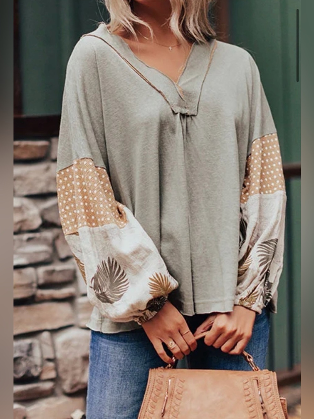 EASEL Boho Patchwork Balloon Sleeve Top Linen/Cotton Blend S Small Sage Green